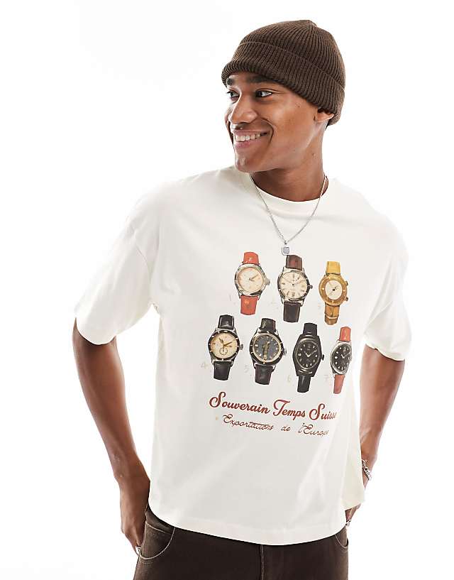 asos ASOS DESIGN boxy oversized t-shirt with watches graphic in off white
