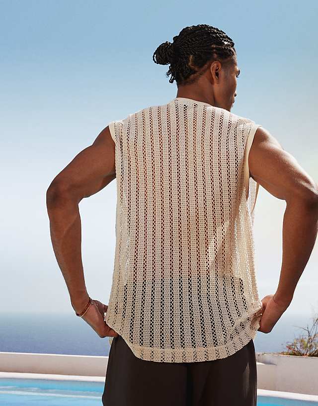 Asos ASOS DESIGN Boxy Oversized Tank In Beige Crochet