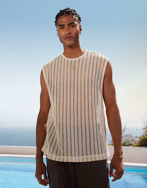 asos ASOS DESIGN boxy oversized tank in beige crochet