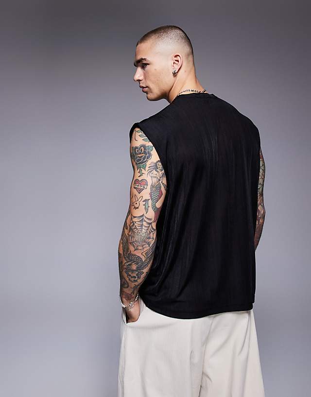 Asos ASOS DESIGN Boxy Oversized Tank In Black Sheer Rib