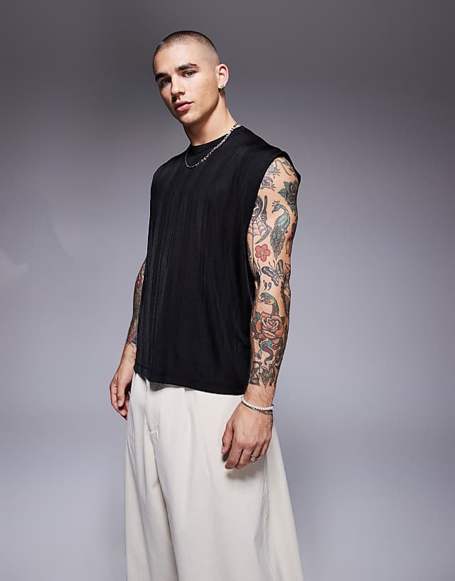 asos ASOS DESIGN boxy oversized tank in black sheer rib
