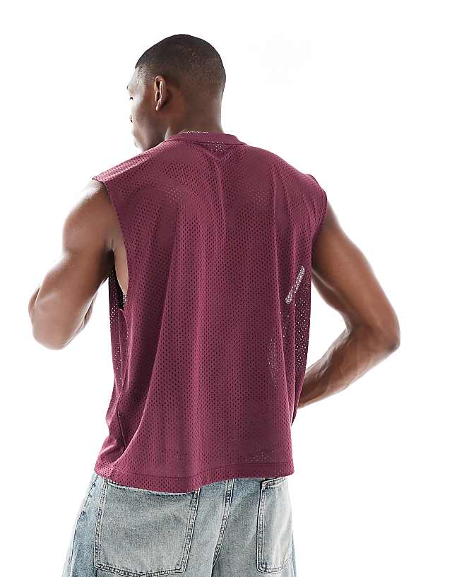 Asos ASOS DESIGN Boxy Oversized Tank In Burgundy Mesh