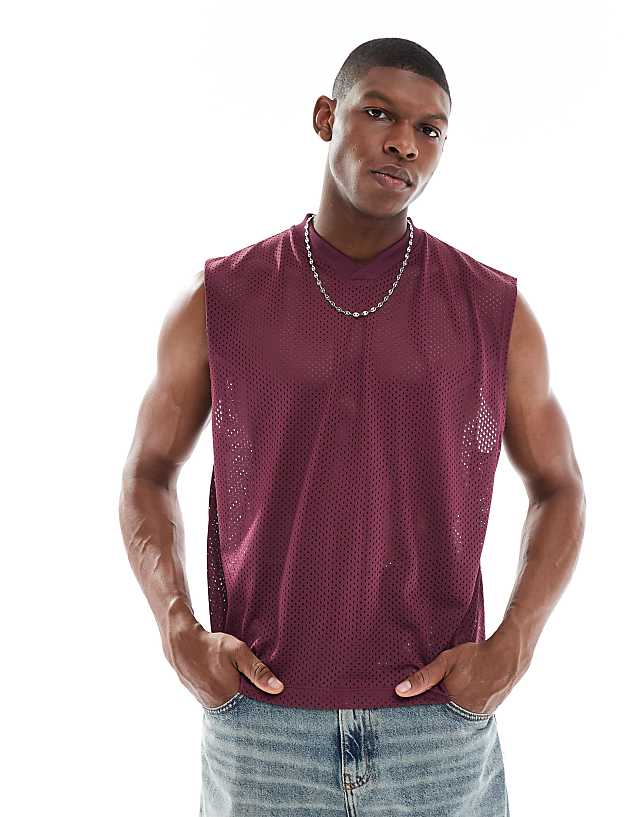 asos ASOS DESIGN boxy oversized tank in burgundy mesh