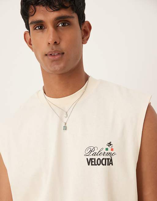 Asos ASOS DESIGN Boxy Oversized Tank With Car Graphic In Beige