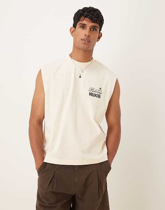 Asos ASOS DESIGN Boxy Oversized Tank With Car Graphic In Beige