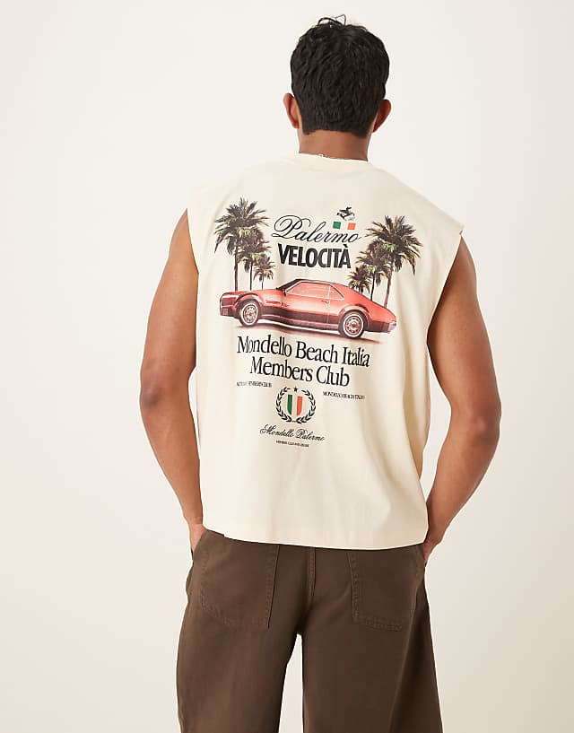 asos ASOS DESIGN boxy oversized tank with car graphic in beige
