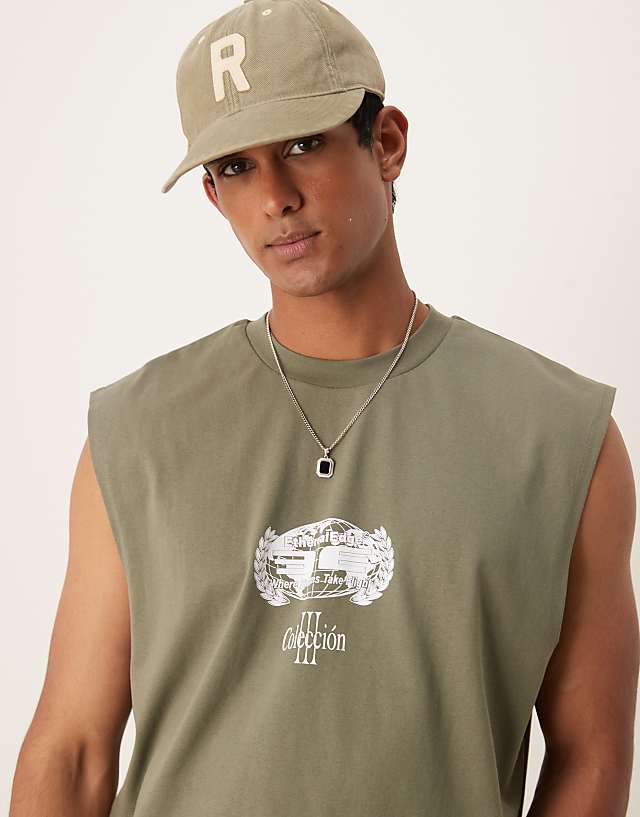 Asos ASOS DESIGN Boxy Oversized Tank With Cherub Graphic In Olive