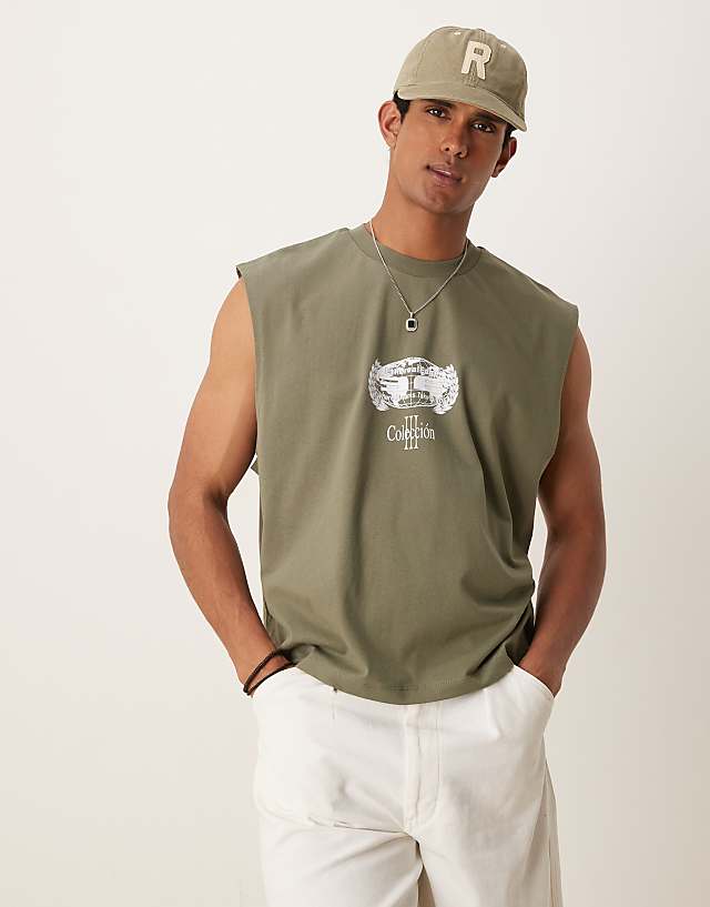 Asos ASOS DESIGN Boxy Oversized Tank With Cherub Graphic In Olive