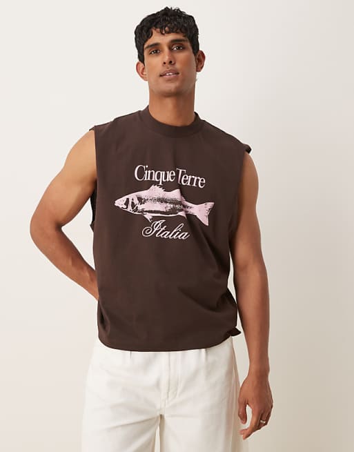 Asos ASOS DESIGN Boxy Oversized Tank With Front Print In Dark Brown