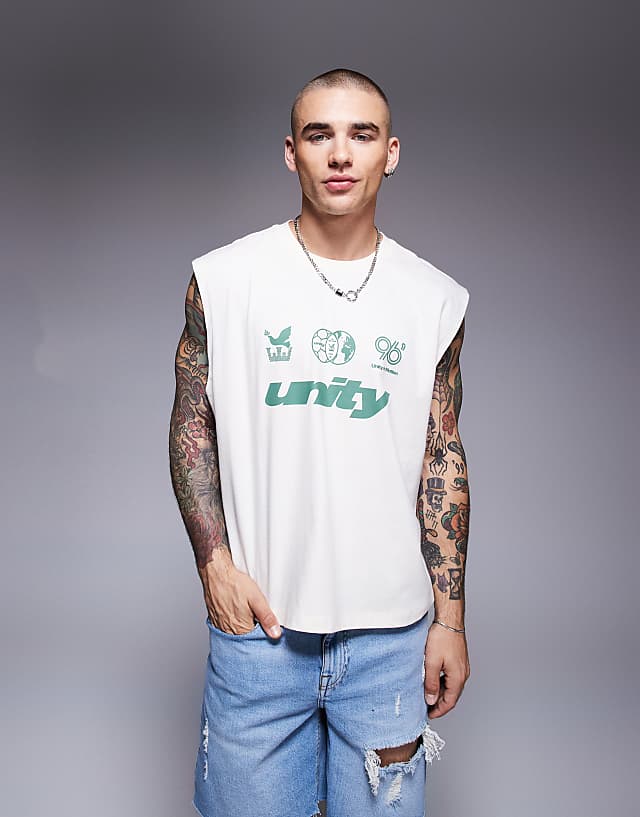 asos ASOS DESIGN boxy oversized tank with sports text graphic in cream