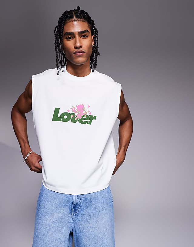 asos ASOS DESIGN boxy oversized tank with text graphic in white