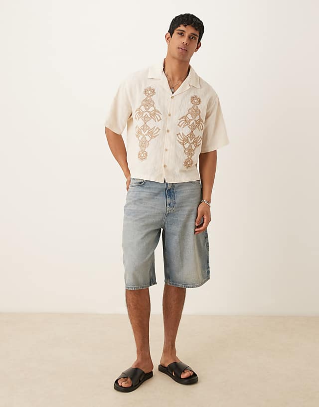 Asos ASOS DESIGN Boxy Oversized Textured Shirt With Embroidery In Beige