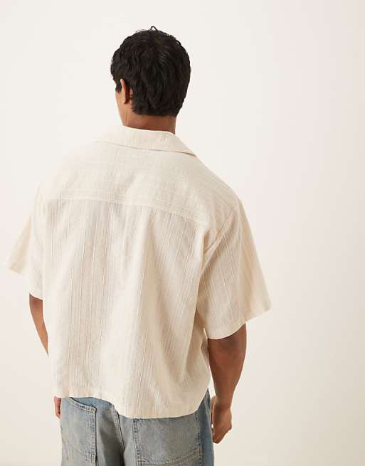 Asos ASOS DESIGN Boxy Oversized Textured Shirt With Embroidery In Beige