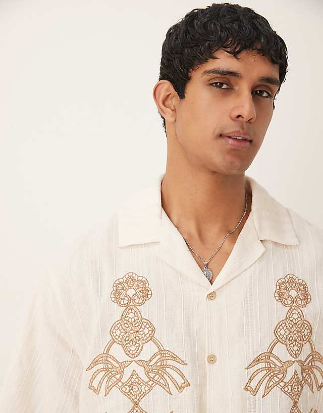 Asos ASOS DESIGN Boxy Oversized Textured Shirt With Embroidery In Beige