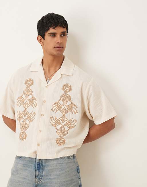 asos ASOS DESIGN boxy oversized textured shirt with embroidery in beige