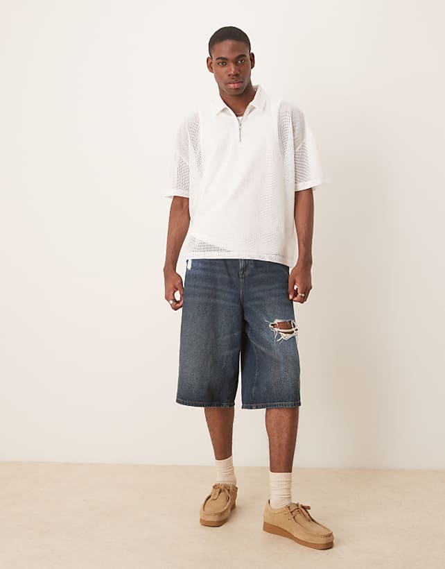 Asos ASOS DESIGN Boxy Oversized Zipped Polo With Dropped Shoulder In Off White Open Mesh