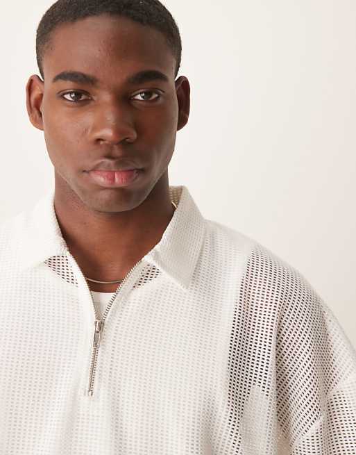 Asos ASOS DESIGN Boxy Oversized Zipped Polo With Dropped Shoulder In Off White Open Mesh