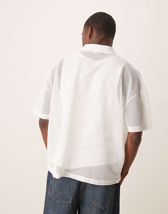 Asos ASOS DESIGN Boxy Oversized Zipped Polo With Dropped Shoulder In Off White Open Mesh