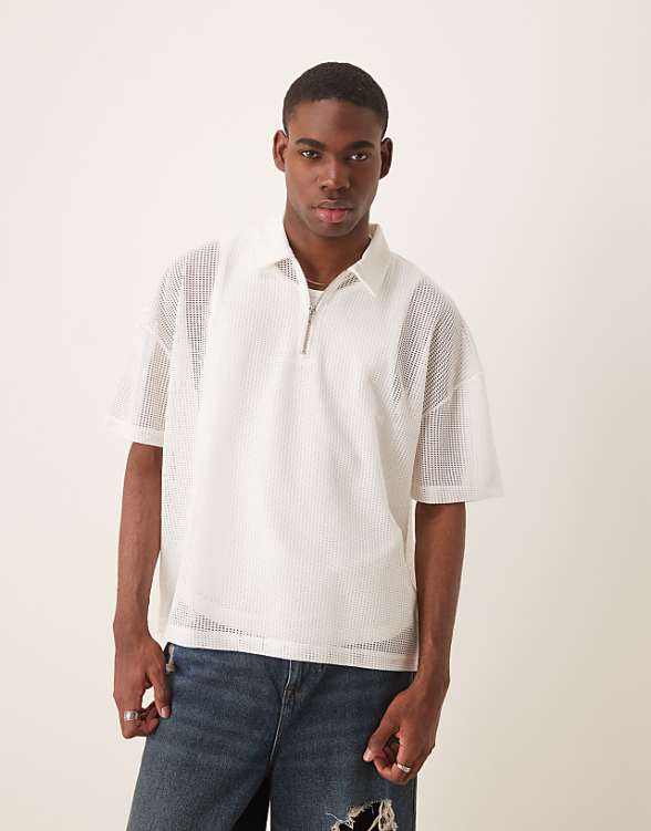 asos ASOS DESIGN boxy oversized zipped polo with dropped shoulder in off white open mesh