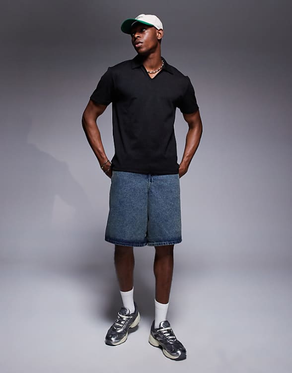 Asos ASOS DESIGN Boxy Polo With Deep Neckline In Black Texture