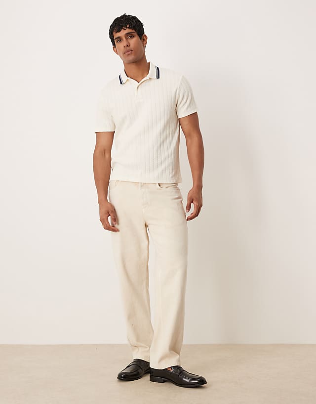 Asos ASOS DESIGN Boxy Polo With Tipped Collar In Beige Knitted Rib