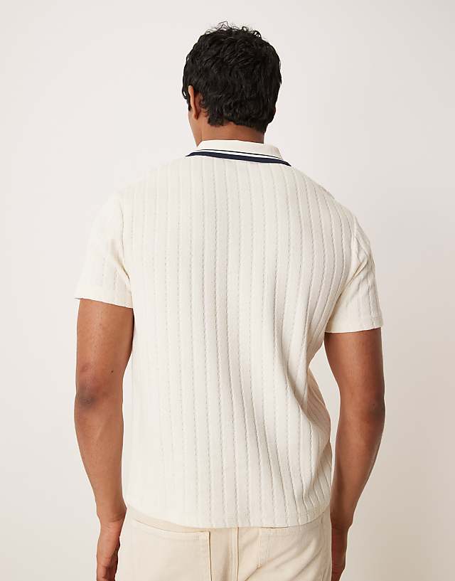 Asos ASOS DESIGN Boxy Polo With Tipped Collar In Beige Knitted Rib
