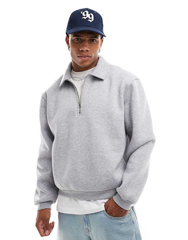 Asos ASOS DESIGN Boxy Quarter Zip Rugby Sweatshirt In Grey