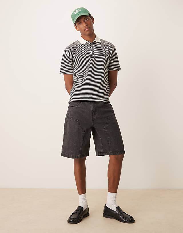 Asos ASOS DESIGN Boxy Relaxed Polo In Cream And Black Texture Stripe With Chest Embroidery