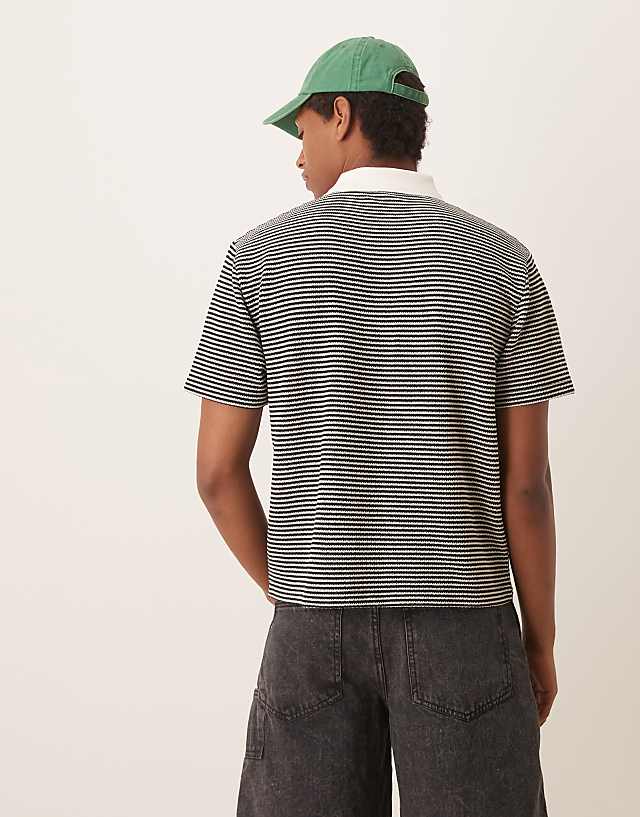 Asos ASOS DESIGN Boxy Relaxed Polo In Cream And Black Texture Stripe With Chest Embroidery