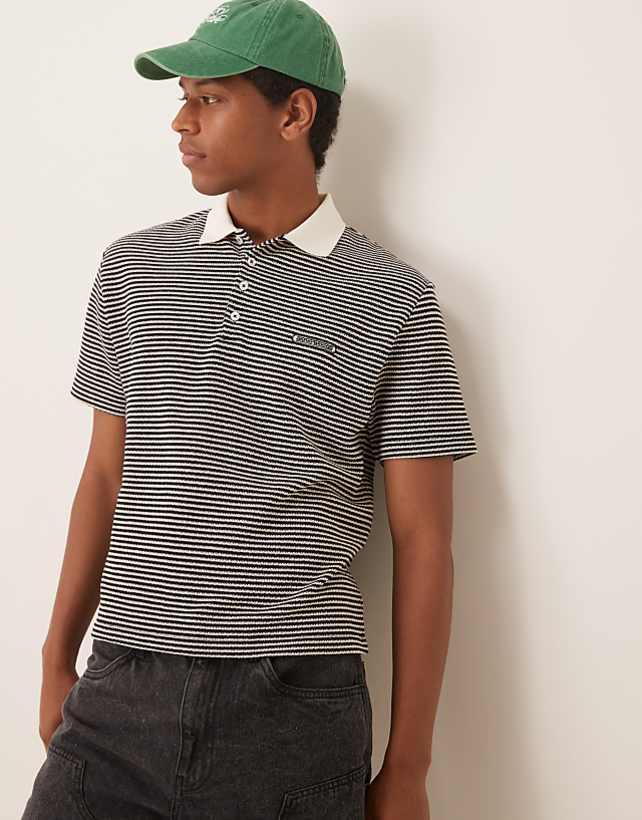 asos ASOS DESIGN boxy relaxed polo in cream and black texture stripe with chest embroidery