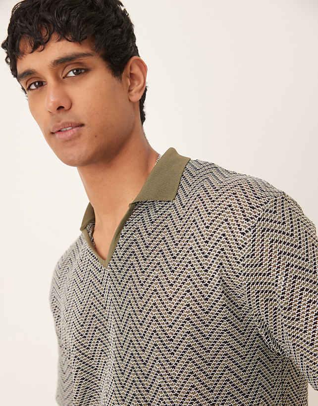 Asos ASOS DESIGN Boxy Relaxed Polo In Green Crochet