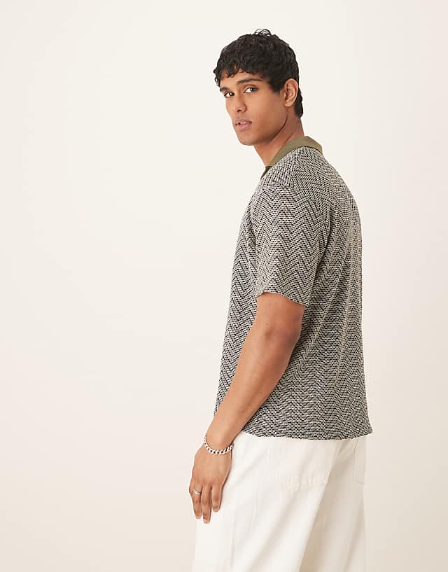 Asos ASOS DESIGN Boxy Relaxed Polo In Green Crochet