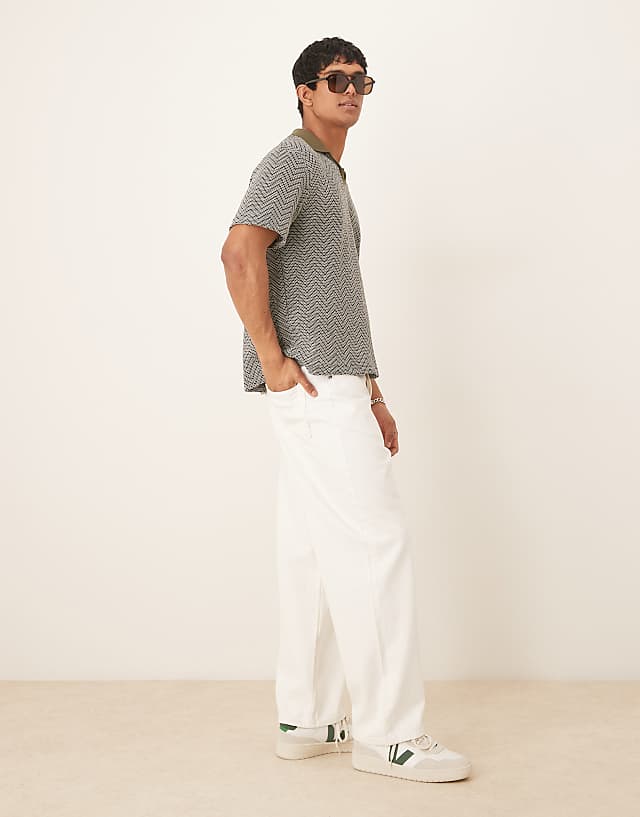 Asos ASOS DESIGN Boxy Relaxed Polo In Green Crochet