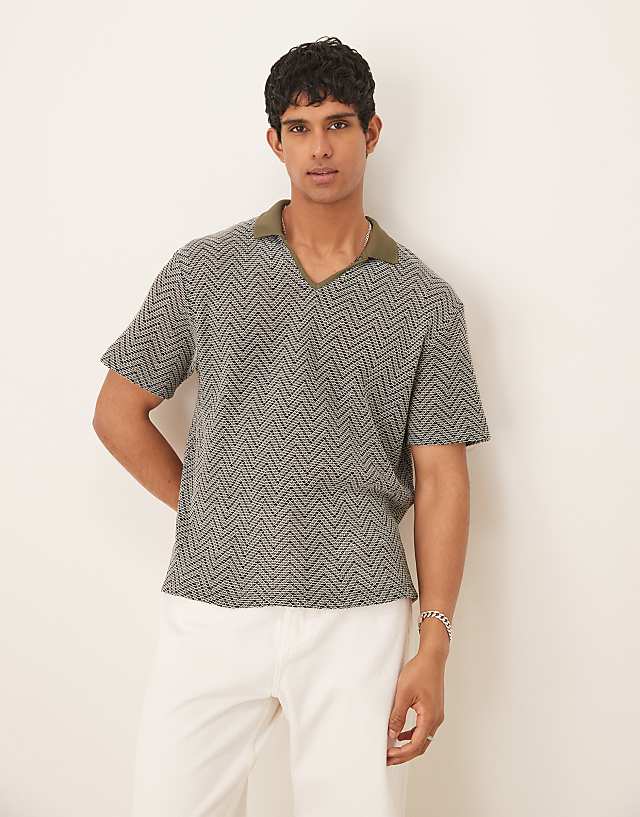 asos ASOS DESIGN boxy relaxed polo in green crochet