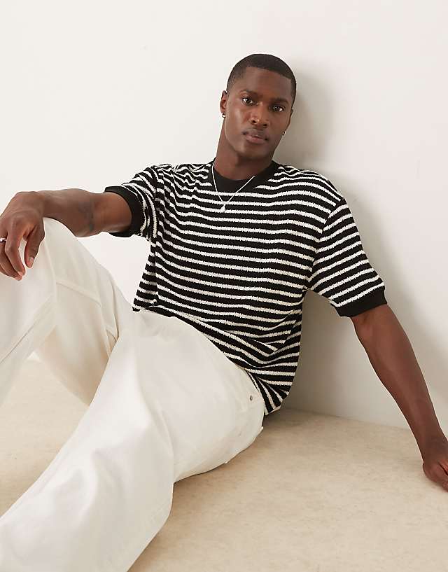asos ASOS DESIGN boxy relaxed t-shirt in black and white textured stripe