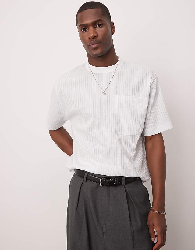 asos ASOS DESIGN boxy relaxed t-shirt with chest pocket in blue and white textured stripe