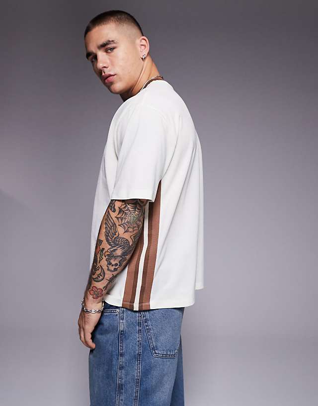 Asos ASOS DESIGN Boxy Relaxed T-shirt With Panelling And Text Graphic In Cream Pique