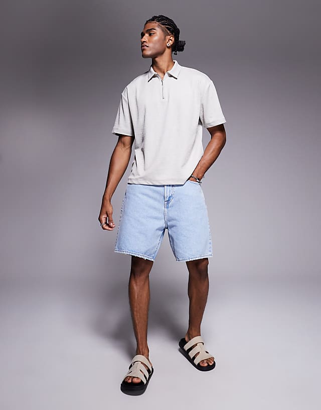 Asos ASOS DESIGN Boxy Relaxed Zipped Polo In Grey Texture