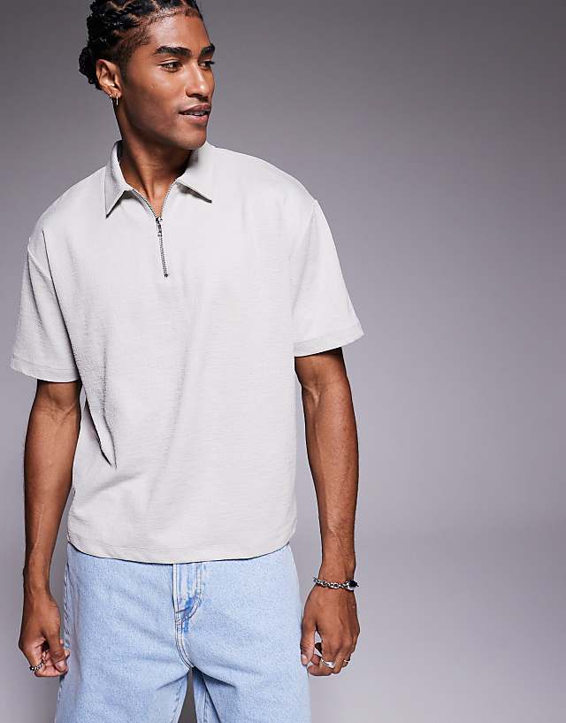 asos ASOS DESIGN boxy relaxed zipped polo in grey texture