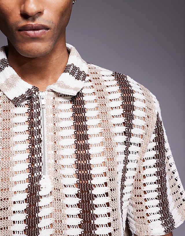 Asos ASOS DESIGN Boxy Relaxed Zipped Polo In Neutral Striped Crochet
