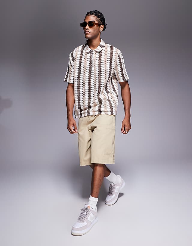 Asos ASOS DESIGN Boxy Relaxed Zipped Polo In Neutral Striped Crochet