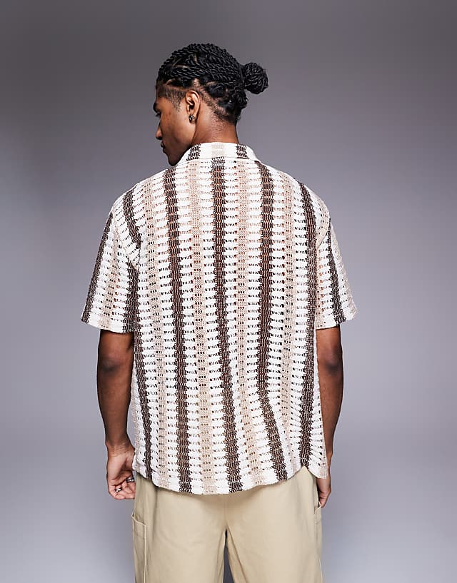 Asos ASOS DESIGN Boxy Relaxed Zipped Polo In Neutral Striped Crochet