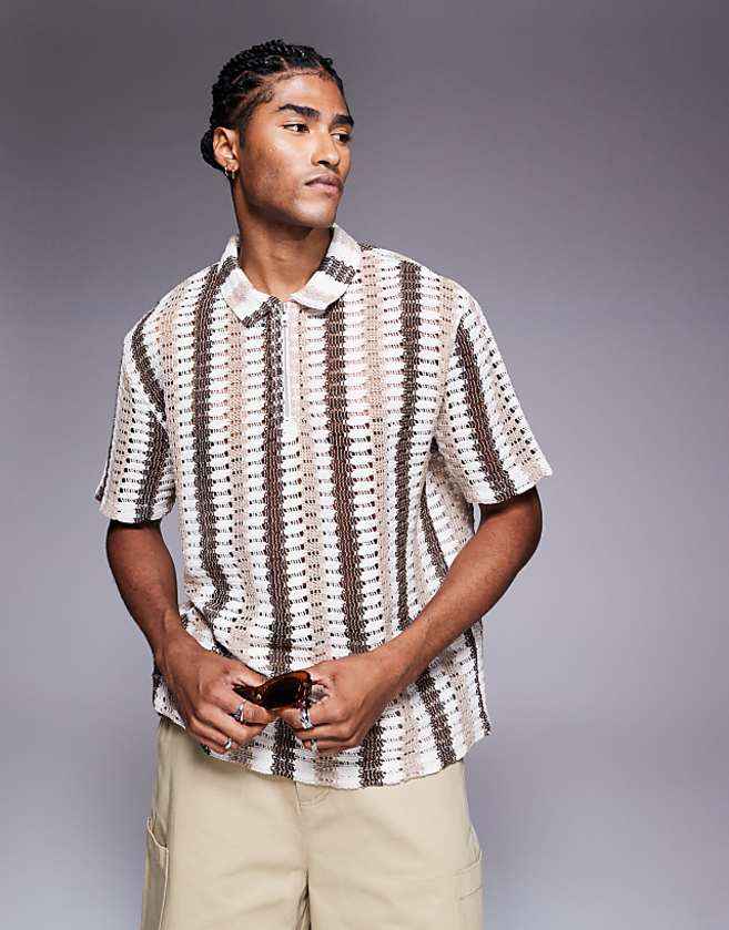 asos ASOS DESIGN boxy relaxed zipped polo in neutral striped crochet
