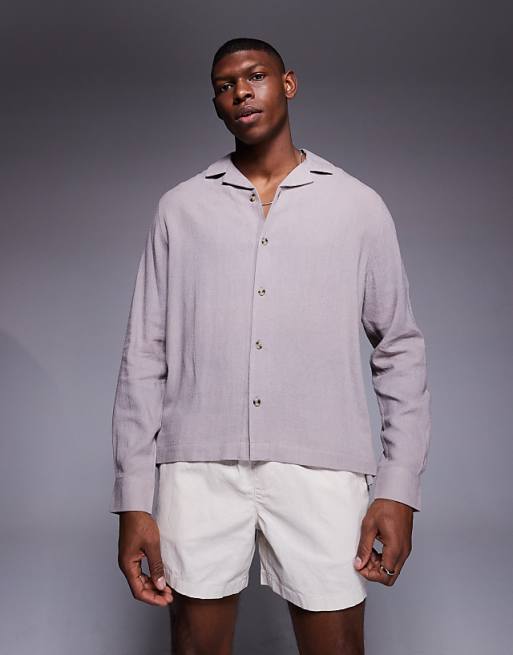 asos ASOS DESIGN boxy revere linen blend shirt in grey