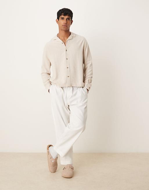 Asos ASOS DESIGN Boxy Revere Linen Blend Shirt In Stone