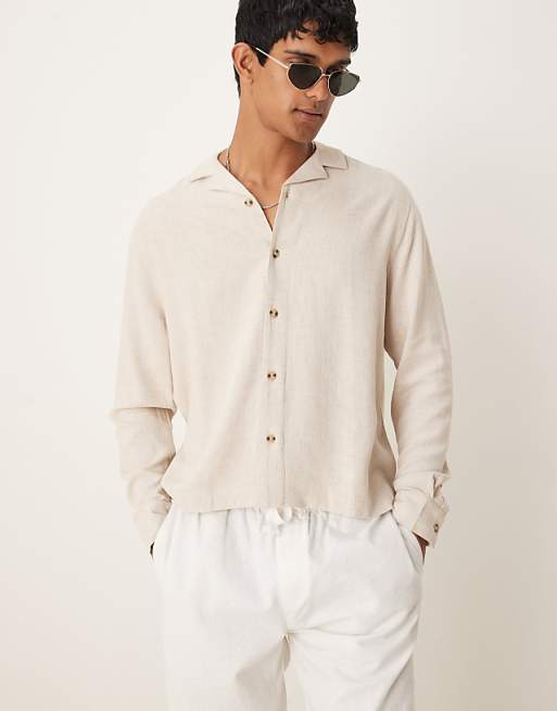 asos ASOS DESIGN boxy revere linen blend shirt in stone