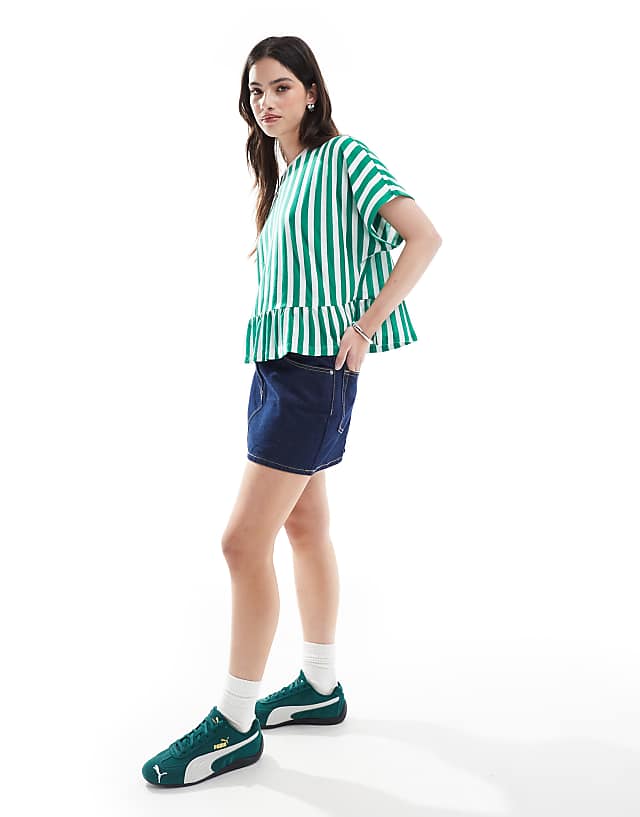 Asos ASOS DESIGN Boxy Short Sleeve Linen Look Peplum T-shirt In Stripe
