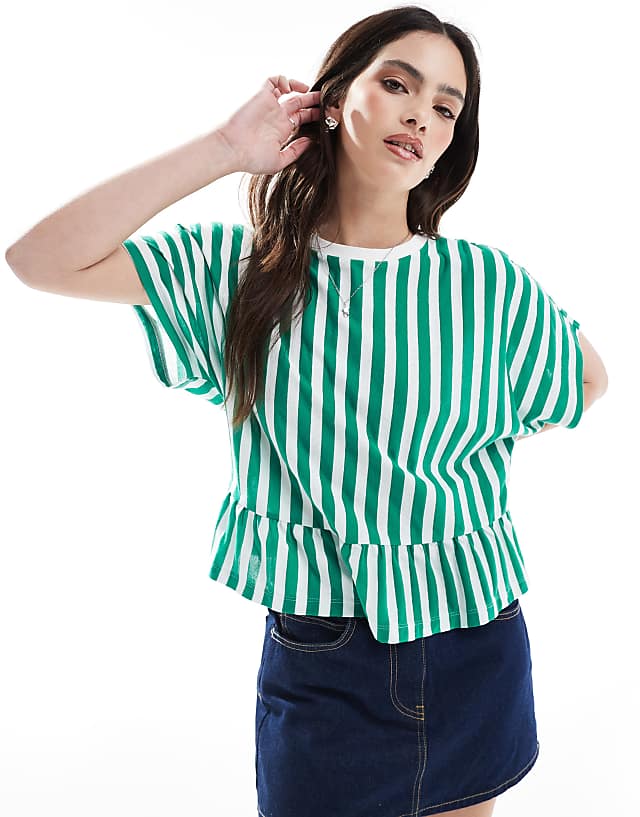 asos ASOS DESIGN boxy short sleeve linen look peplum t-shirt in stripe