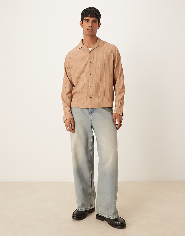 Asos ASOS DESIGN Boxy Textured Regular Shirt In Beige