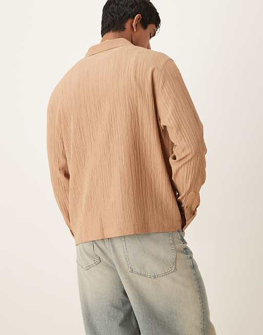 Asos ASOS DESIGN Boxy Textured Regular Shirt In Beige